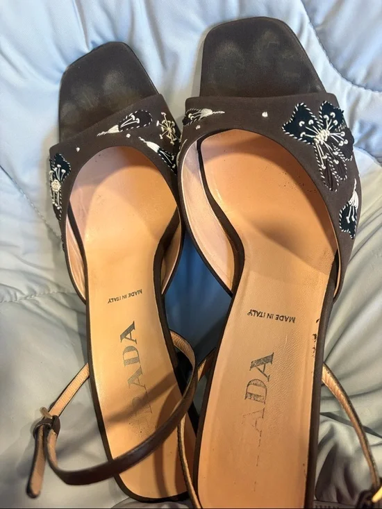 Prada Brown Floral Embroidered Heeled Slides - Picture 1 of 5